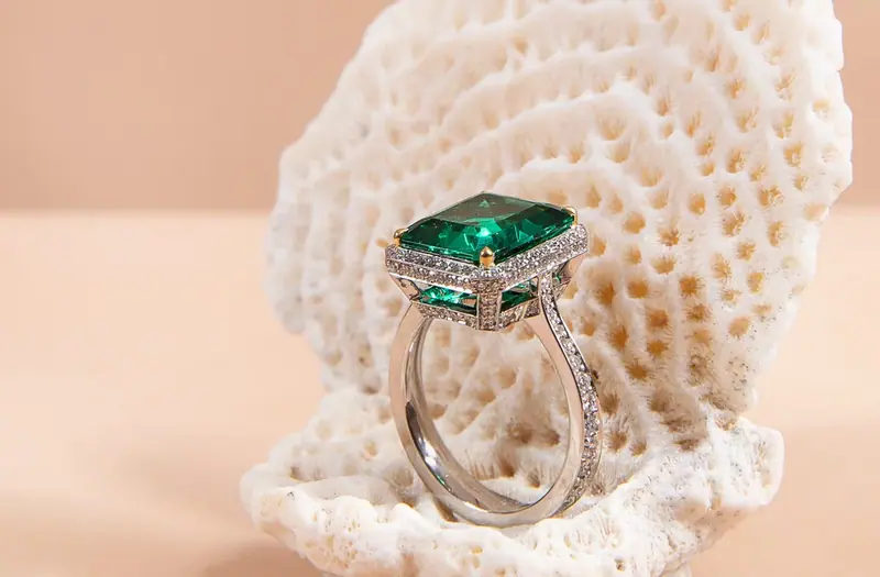 Emerald and diamond ring displayed on white coral