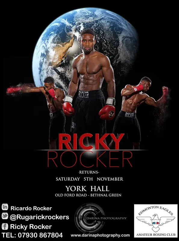 Promotional poster for a boxing event featuring a boxer in red gloves