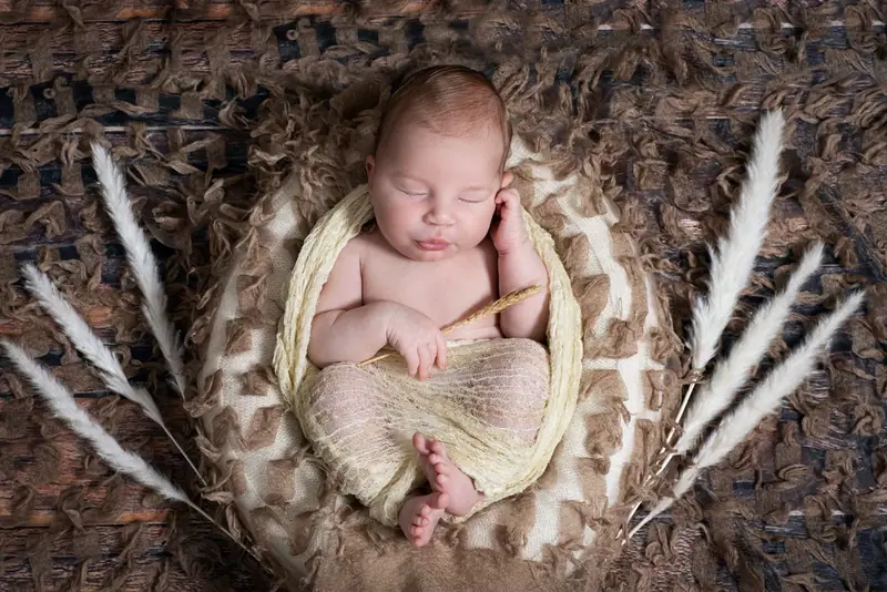 Newborn curled in a cream wrap inside a heart-shaped wooden bowl with dried grasses