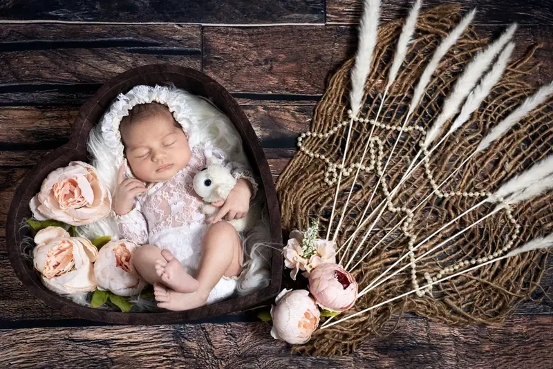 Newborn in a pink outfit with a toy rabbit inside a heart-shaped bowl with pink roses