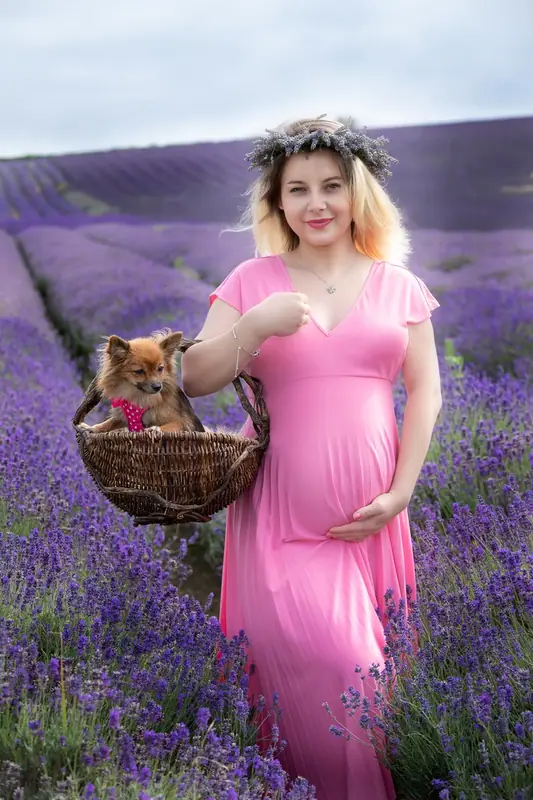 Expectant mother in a pink dress holding a basket in a lavender field