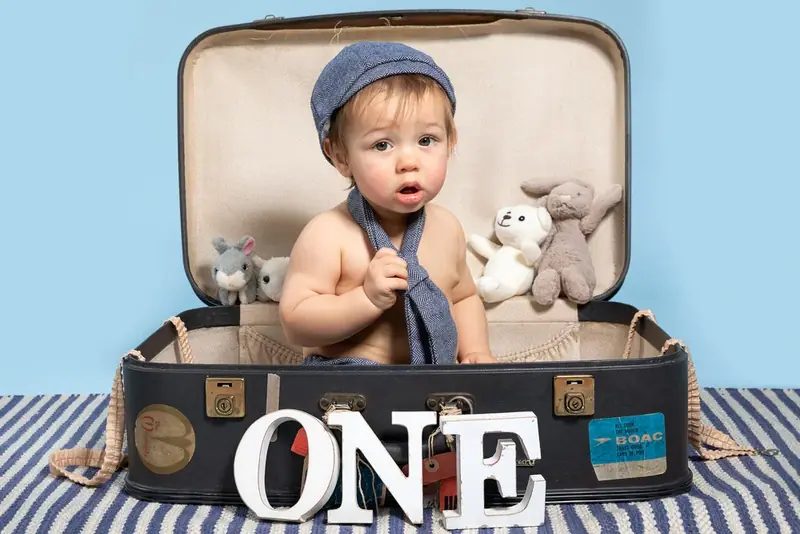 Baby in a cap sitting in a vintage suitcase with a toy beside the word ONE
